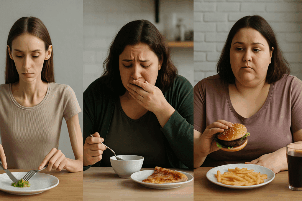 Understanding Bulimia Nervosa: What Cycles of Binge Eating and Purging Reveal About This Common Eating Disorder 4 Three women representing different eating disorders: a woman with anorexia nervosa eating a small portion of lettuce, a woman with bulimia nervosa showing signs of purging after eating pizza, and a woman with binge eating disorder casually enjoying a burger and fries, each in separate dining environments