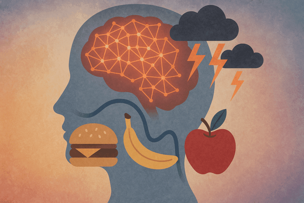 Understanding Bulimia Nervosa: What Cycles of Binge Eating and Purging Reveal About This Common Eating Disorder 6 Abstract illustration symbolizing the mental and physical effects of Bulimia Nervosa, featuring a head silhouette filled with food items, brain activity, and stress imagery like storm clouds and lightning bolts