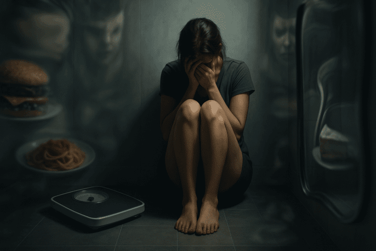 A young adult sitting alone on a bathroom floor, overwhelmed by anxiety and shame, holding their knees as reflections of food, a weighing scale, and distorted mirrors surround them. The scene captures the emotional and isolating experience of Bulimia Nervosa