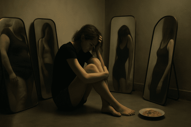 Young woman sitting on floor in dim room, surrounded by distorted mirrors and untouched food, symbolizing Depression and Eating Disorders