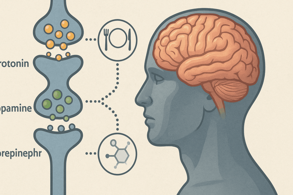 Medical illustration showing how nutrient deficiencies impact brain chemistry, linking poor nutrition to Depression and Eating Disorders
