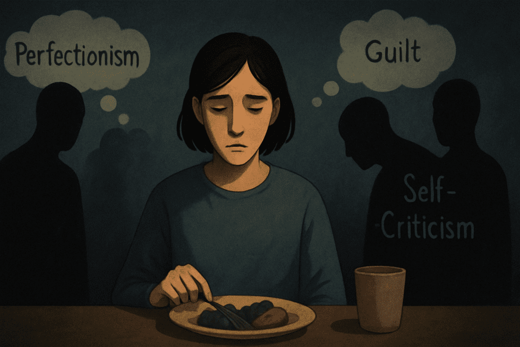 Person with Depression and Eating Disorders sitting at a table, emotionally detached, surrounded by symbolic shadows of guilt, perfectionism, and self-criticism.