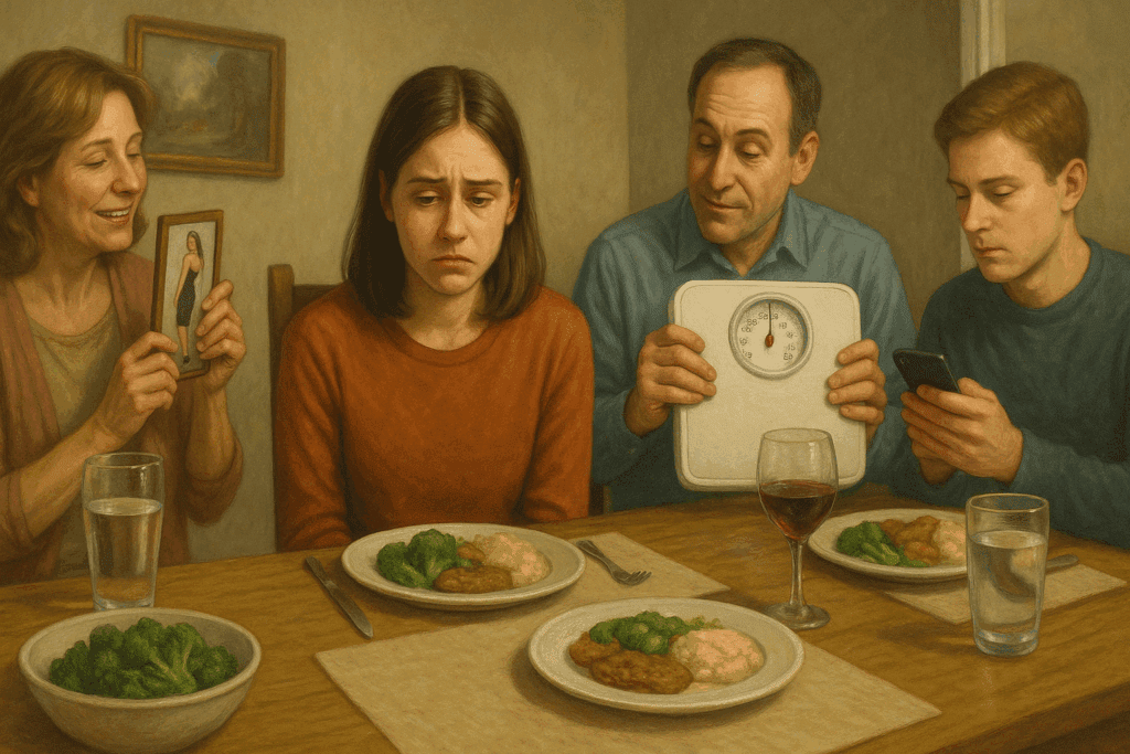 Young woman looking anxious at a family dinner table while relatives focus on appearance and distractions, symbolizing Depression and Eating Disorders.