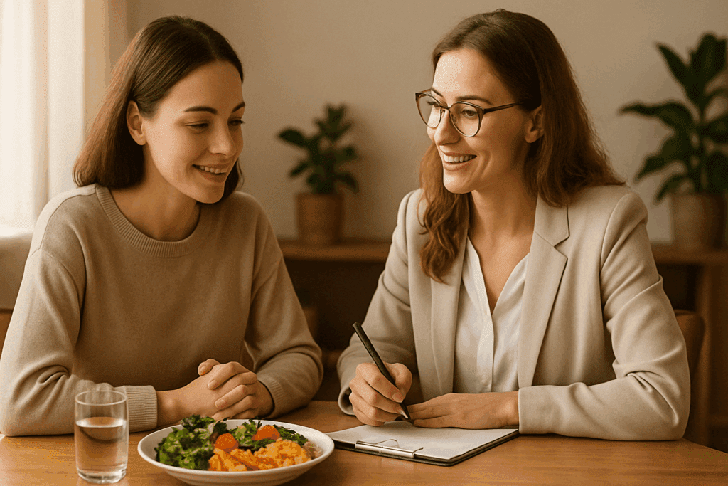 Dietitian supporting a young woman in recovery from Depression and Eating Disorders during a nutrition counseling session with a balanced meal on the table.