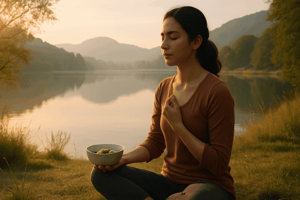 Woman practicing mindful eating by a peaceful lake at sunrise, promoting awareness around Depression and Eating Disorders.