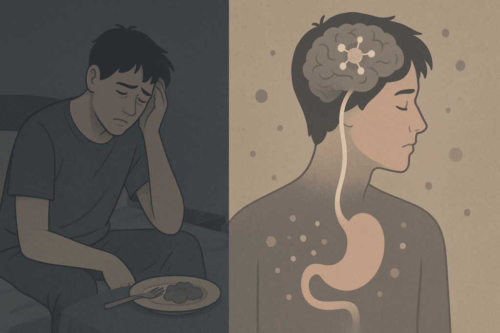 Visual representation of the connection between Depression and Loss of Appetite, showing a split image of a fatigued person in a dark room disinterested in food, and the brain-stomach connection with neurotransmitters like serotonin and dopamine depicted on the other side.