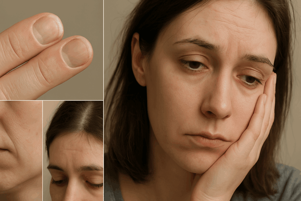 Close-up of a person showing signs of nutritional decline due to depression and loss of appetite, including brittle nails, dry skin, thinning hair, and a fatigued expression. The image illustrates the physical effects of undernutrition during depression