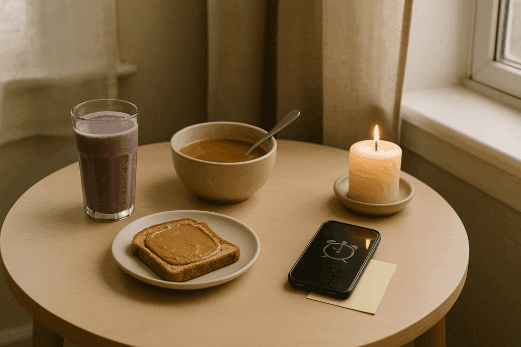 Cozy meal setup featuring a smoothie, soup, and toast with nut butter on a light wooden table next to a window, symbolizing practical strategies for eating when struggling with depression and loss of appetite.