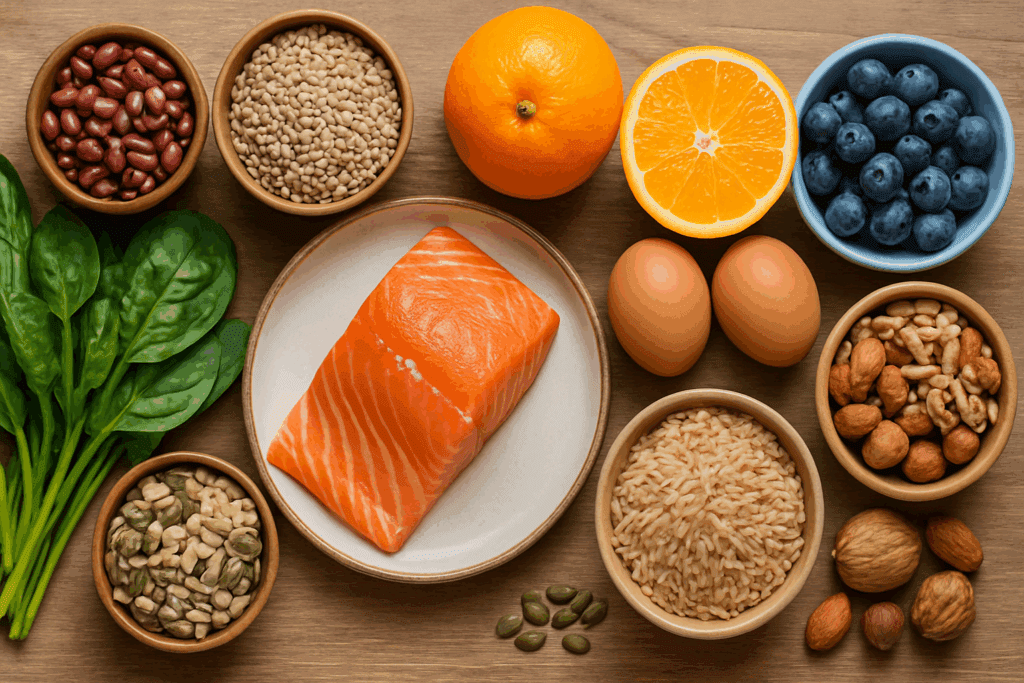 Colorful assortment of foods rich in nutrients beneficial for mood, including salmon, leafy greens, eggs, legumes, nuts, seeds, citrus fruits, and whole grains. These foods help support wellness and manage depression and loss of appetite naturally