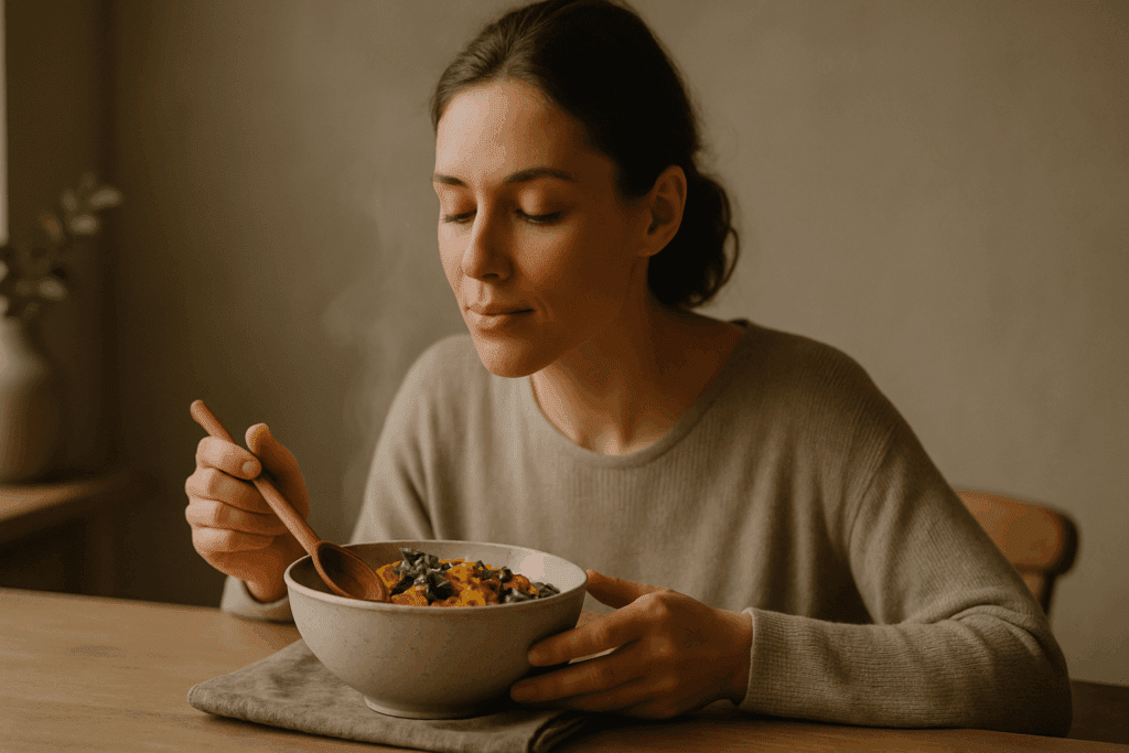"Light-skinned woman practicing mindful eating, pausing to smell her food in a calming environment, highlighting the connection between mindful eating and emotional well-being, such as in cases of Depression and Loss of Appetite.