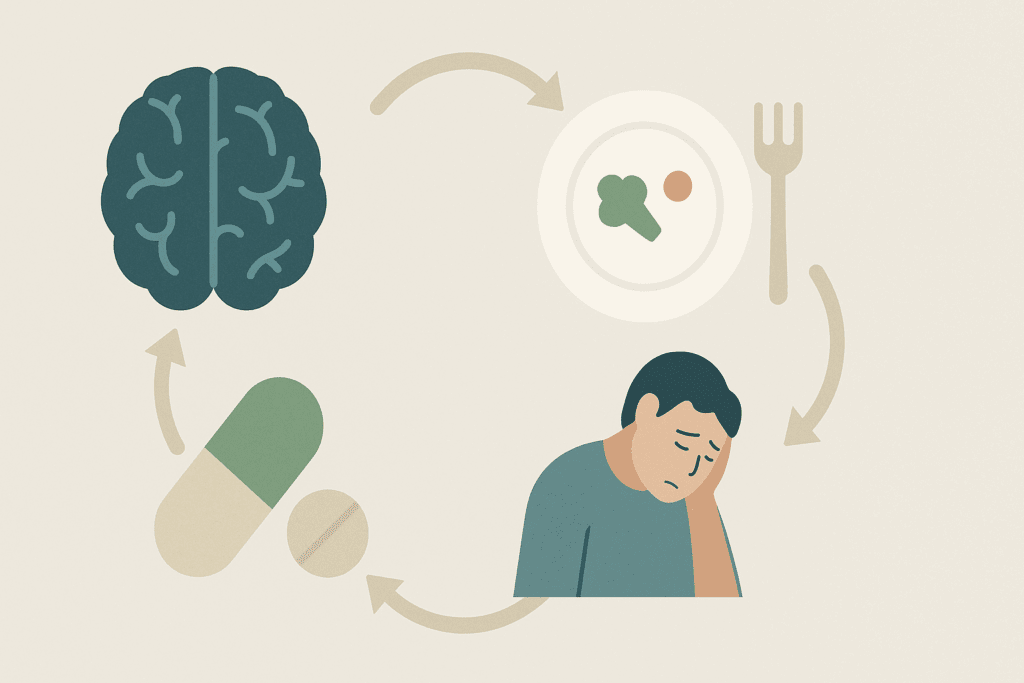 Infographic illustrating the cycle of depression and loss of appetite, featuring icons representing a brain, a plate with minimal food, a tired person, and a vitamin capsule, with arrows connecting the stages in a continuous flow. The image visually conveys the link between depression and loss of appetite