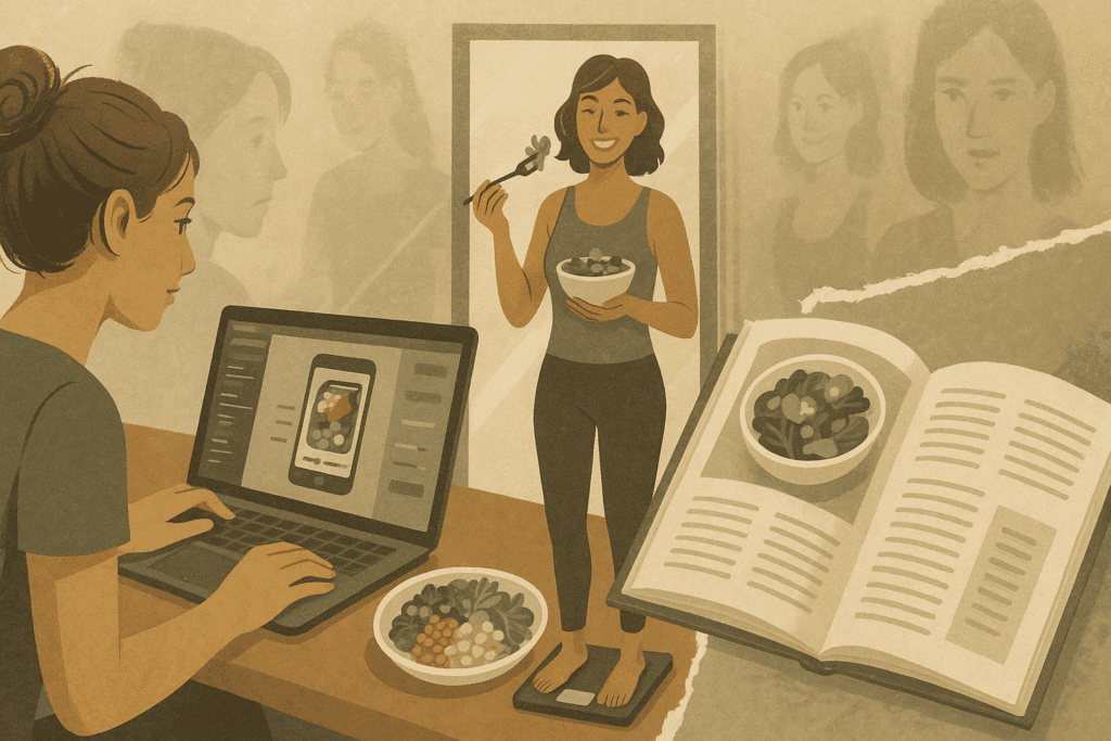 Collage showing themes of disordered eating vs eating disorder with a woman editing food photos, another weighing food in front of a mirror, and a clean eating magazine spread.