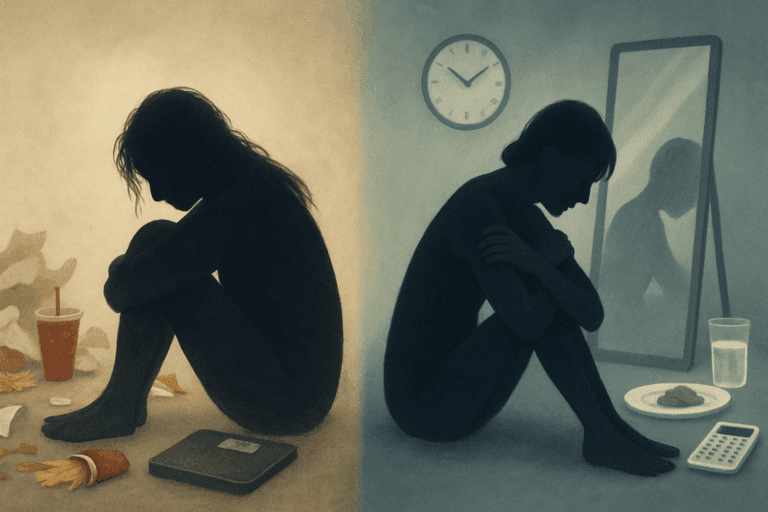 Conceptual illustration comparing disordered eating vs eating disorder with two back-to-back silhouettes, one surrounded by fast food and scales, the other in a clinical setting with calorie tools and mirrors