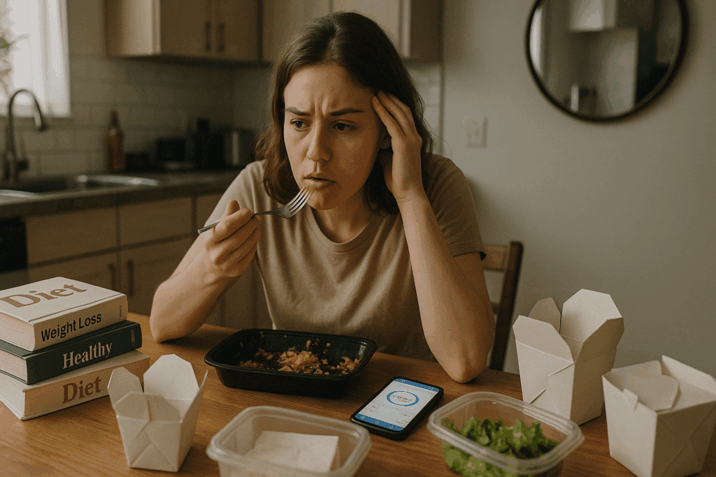 Young woman at a cluttered kitchen table mid-bite, looking stressed while tracking calories—illustrating disordered eating vs eating disorder