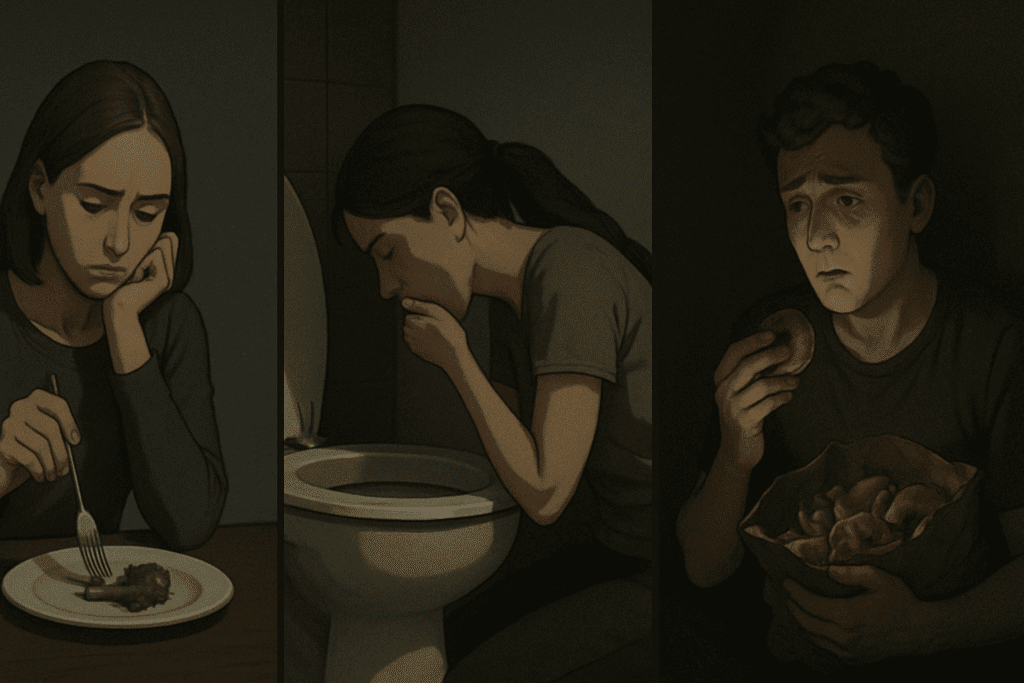 Split-scene illustration showing disordered eating vs eating disorder: a woman restricting food, another purging in a bathroom, and a man binge eating alone