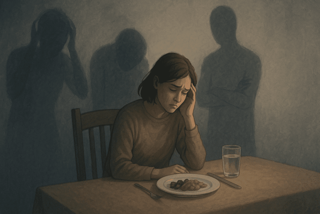 Person overwhelmed at dinner table, surrounded by shadows symbolizing anxiety and perfectionism, highlighting emotional triggers of disordered eating vs eating disorder