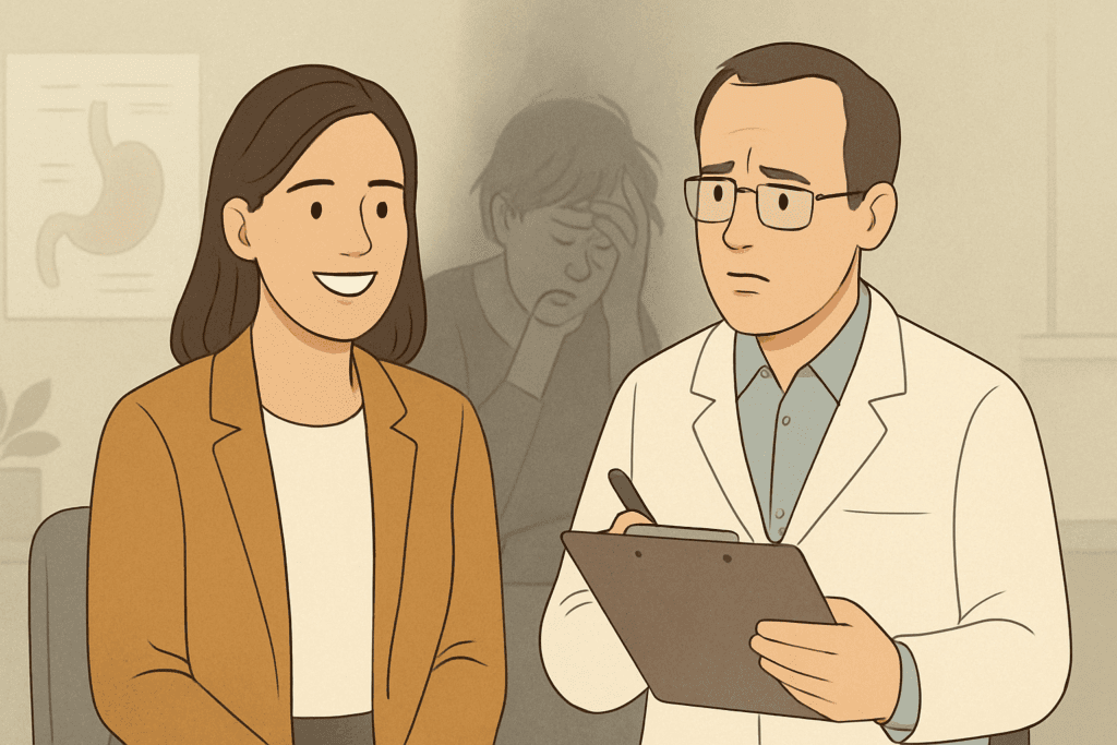 Doctor reviewing notes while patient smiles, unaware her shadow reveals inner distress—illustrating disordered eating vs eating disorder invisibility