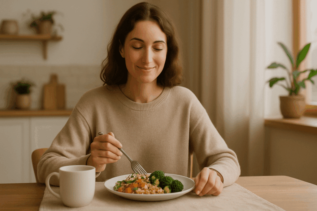Young woman practicing mindfulness while eating a balanced meal, highlighting the contrast between disordered eating vs eating disorder