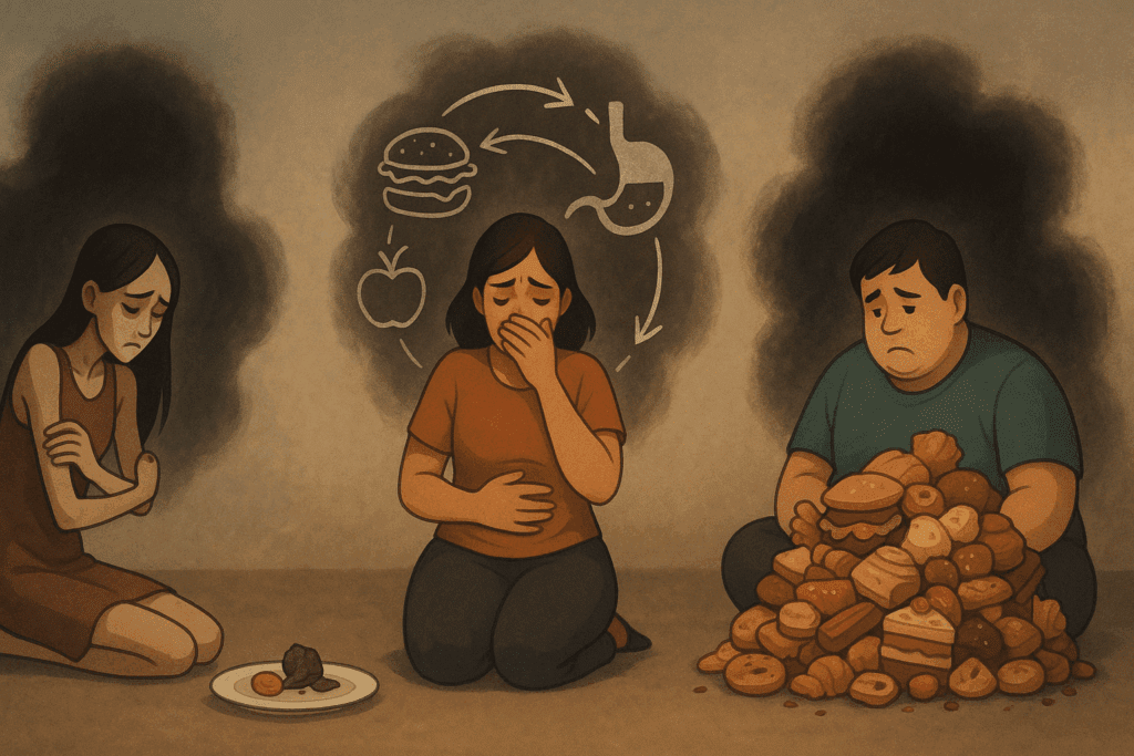 Illustration symbolizing Eating Disorder Statistics in America with figures representing anorexia, bulimia, and binge-eating amid emotional shadows