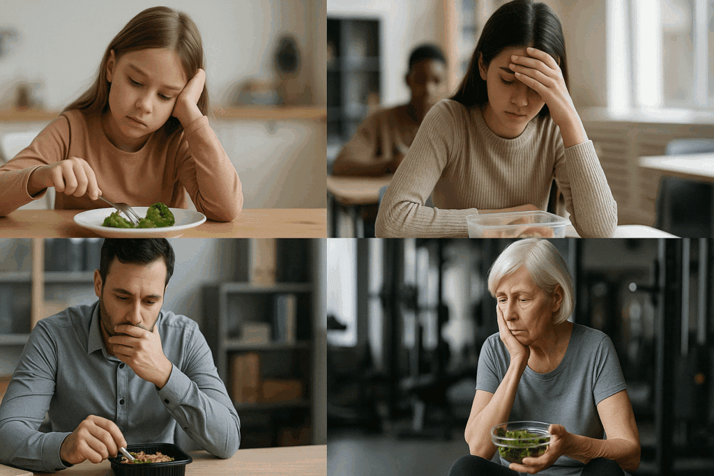 Children, teens, adults, and seniors of diverse genders showing emotional distress while eating in settings like home, school, office, and gym, illustrating Eating Disorder Statistics in America.