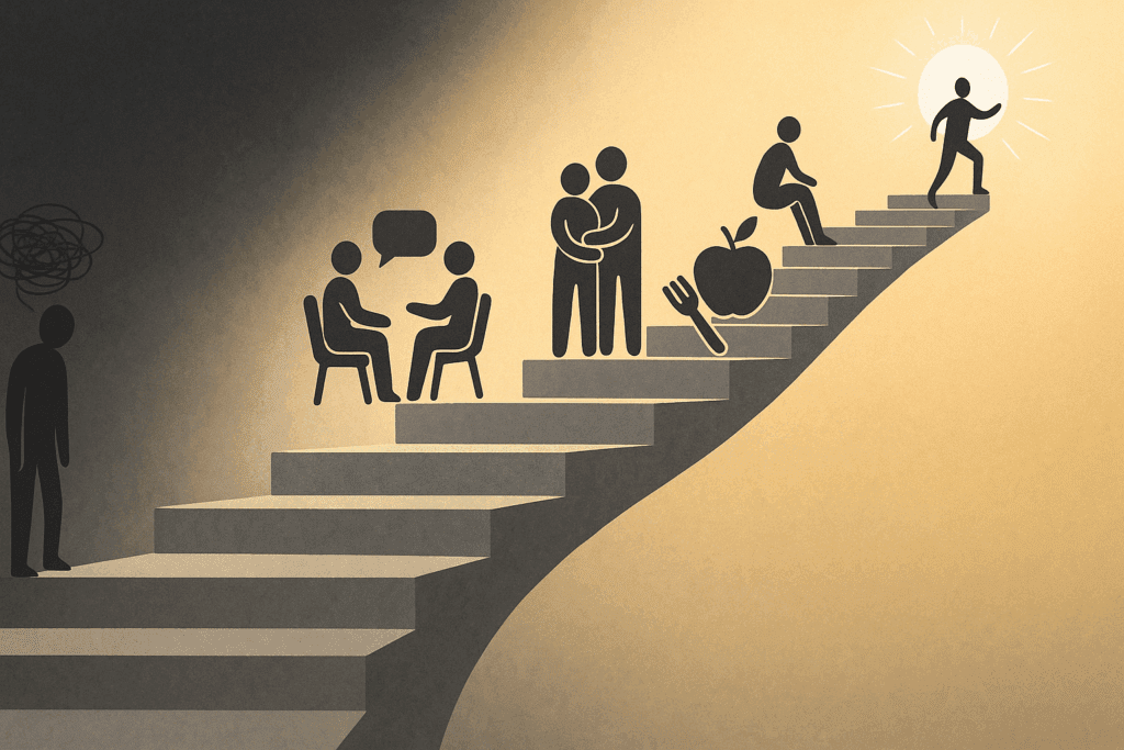 Conceptual staircase showing recovery from confusion to support, symbolizing Eating Disorder Statistics in America treatment journeys