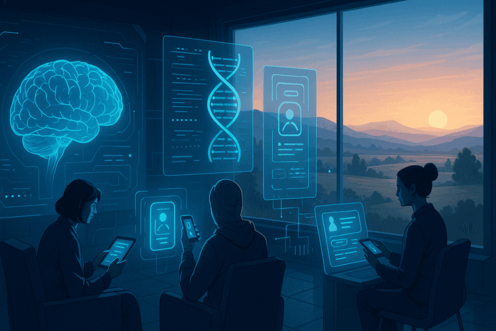 Futuristic digital therapy lab visualizing Eating Disorder Statistics in America with holographic brain scans, DNA data, and remote mental health tech.