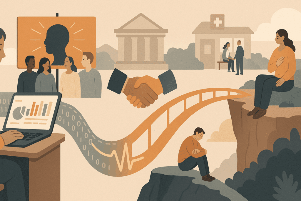 Visual metaphor showing the journey from Eating Disorder Statistics in America to recovery, with scenes of data analysis, public awareness, policy change, and access to care.