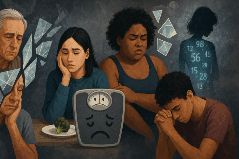 Conceptual collage illustrating Eating Disorder Statistics in America with diverse individuals, sad-faced scale, and fragmented mirrors symbolizing body image struggles.