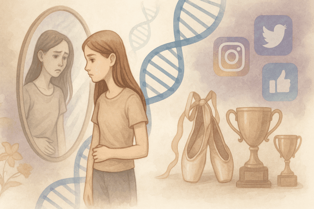 Teen girl gazing at a distorted mirror reflecting a skinnier version of herself, surrounded by a DNA helix, social media icons, ballet shoes, and trophies, symbolizing the psychological, biological, and social drivers of eating disorders in teens