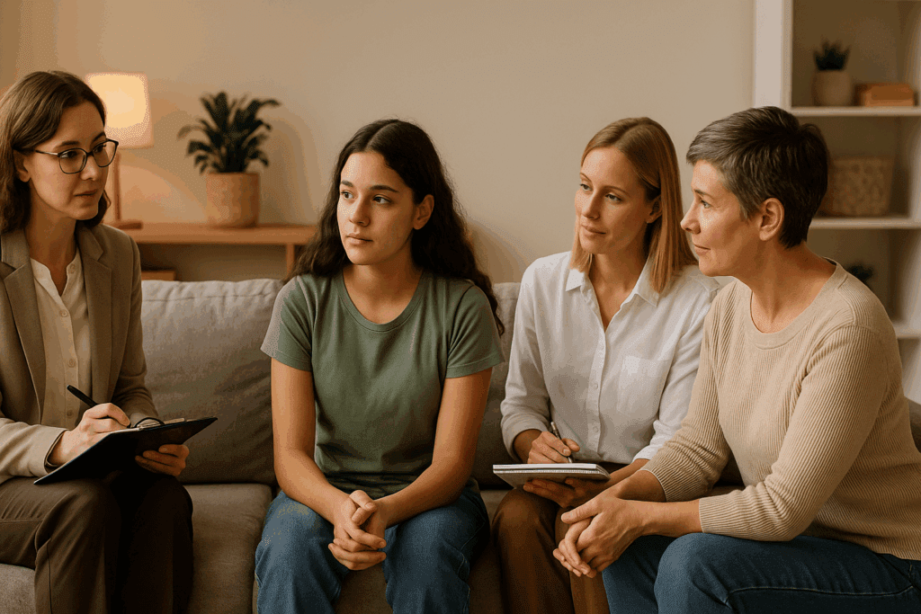 Teen with eating disorders in teens sitting with a therapist, dietitian, and parent in a warm, supportive setting, discussing treatment options in a multidisciplinary care session