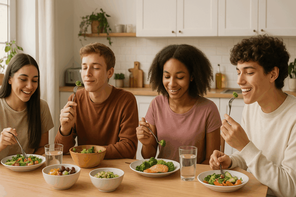 Four diverse teens enjoying a mindful meal together in a cozy kitchen, savoring healthy whole foods like vegetables and fruits, highlighting the importance of mindful nutrition as a preventive and supportive strategy for managing eating disorders in teens