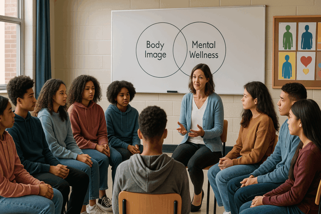 A classroom workshop on body image and mental wellness, where diverse teens participate in a discussion led by a teacher. The session emphasizes the importance of mental health in relation to eating disorders in teens, fostering an inclusive and respectful environment
