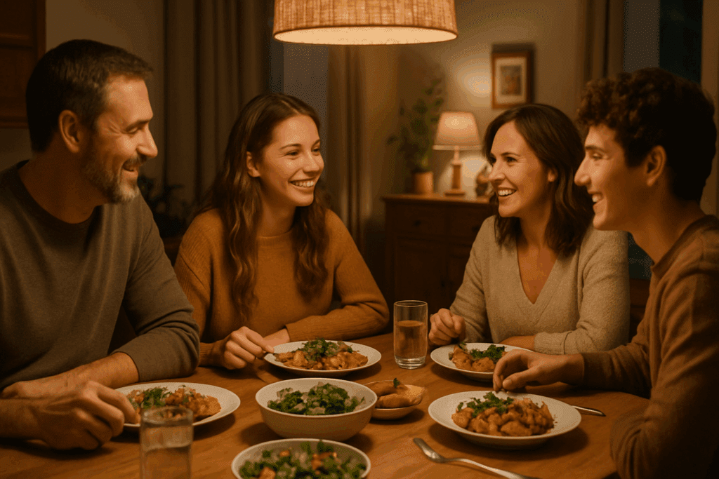 Family enjoying a cozy dinner, modeling healthy eating habits and open communication, which can support recovery from eating disorders in teens