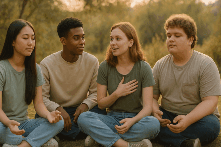 Group of diverse teens practicing mindfulness together outdoors, symbolizing peer support and emotional wellness, with a focus on addressing eating disorders in teens
