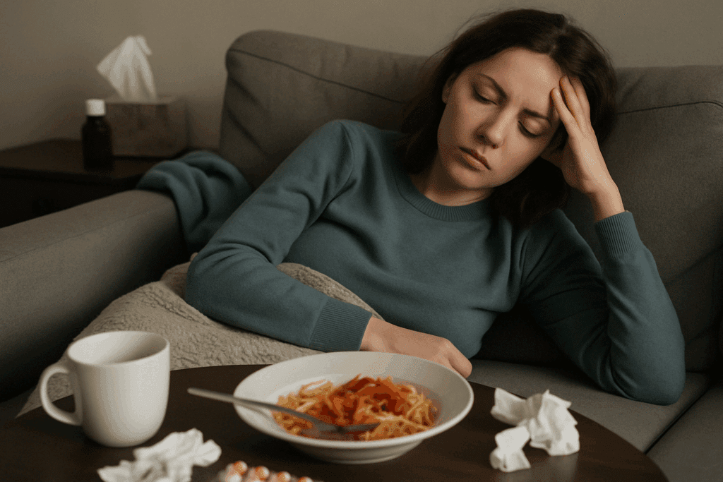 Exhausted woman lying on a sofa beside untouched food, reflecting the struggle of forcing yourself to eat when you’re not hungry