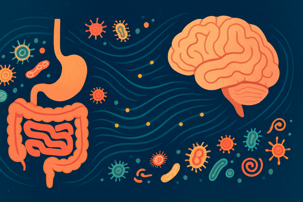 Abstract infographic of the gut-brain axis showing microbiota and neural signals, illustrating the science behind forcing yourself to eat when you’re not hungry.