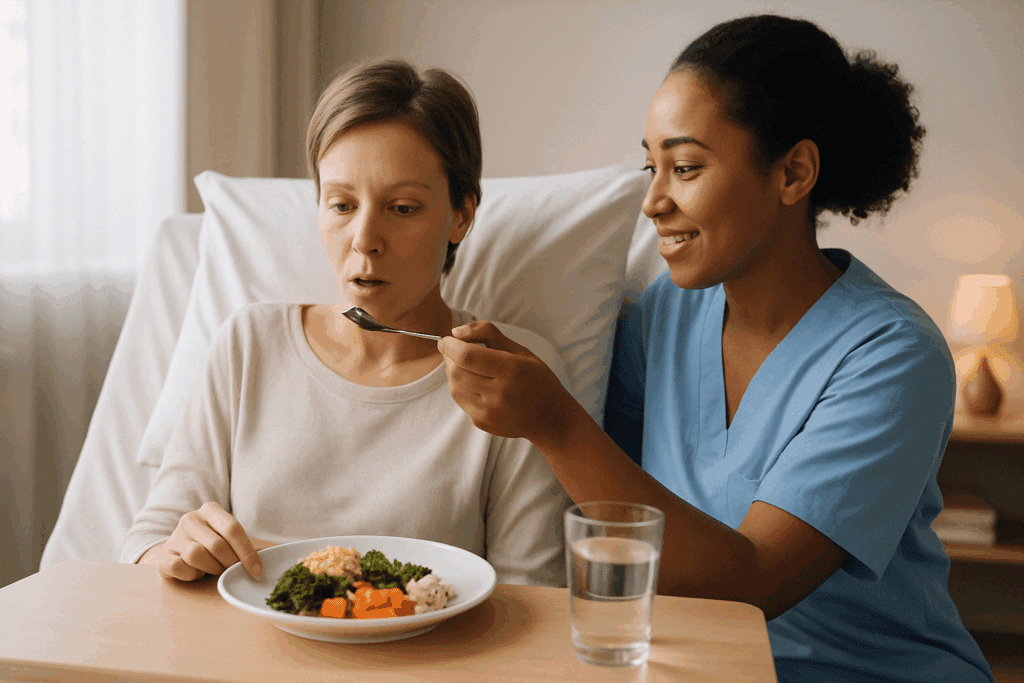 Nurse gently supporting a patient in a hospital as she begins forcing herself to eat when you’re not hungry during recovery.