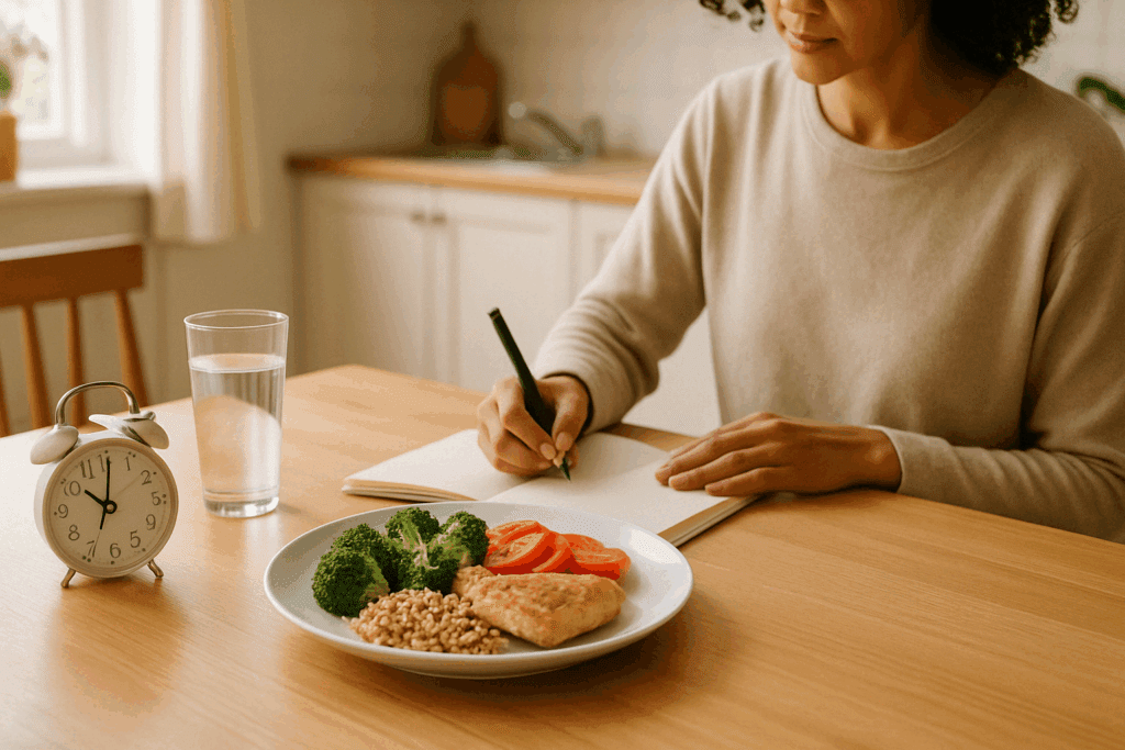 Calm person journaling beside a balanced meal in a sunlit kitchen, reflecting on forcing yourself to eat when you’re not hungry.