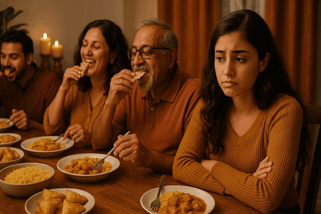 Young woman forcing herself to eat when you’re not hungry at a lively family dinner, surrounded by joyful relatives enjoying traditional food.