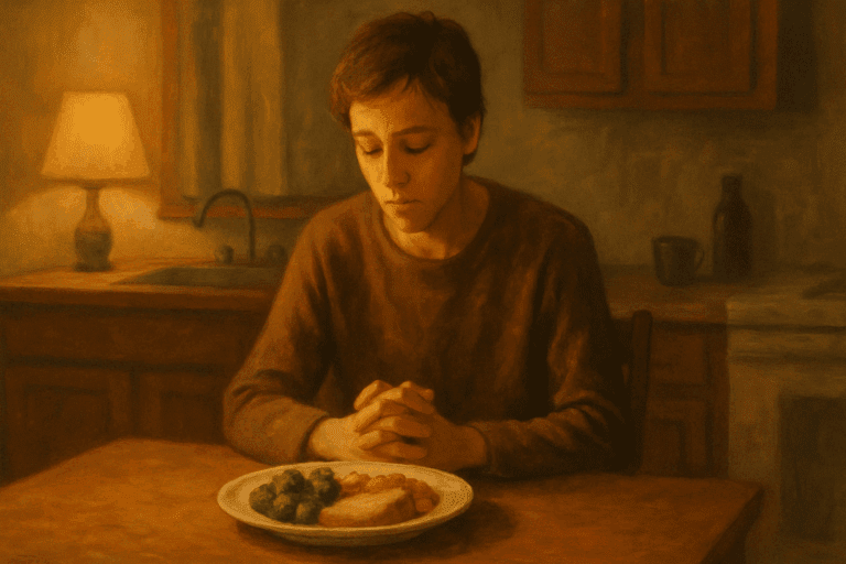 Person sitting at a kitchen table with a full plate of food, clasping hands and looking down, symbolizing forcing yourself to eat when you’re not hungry