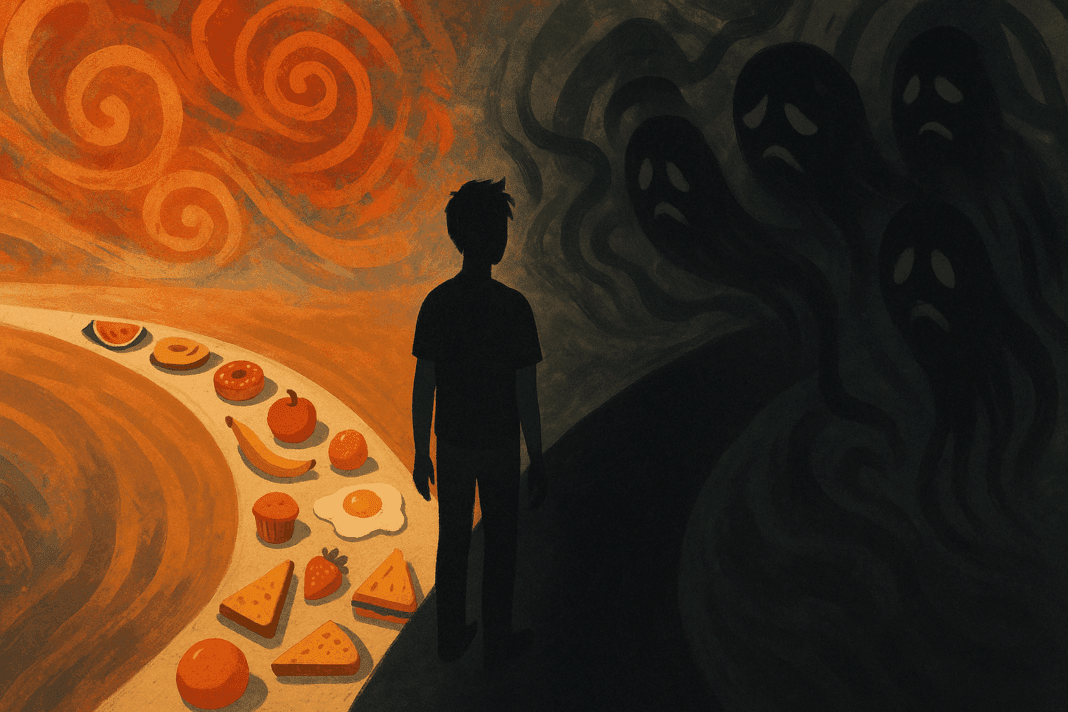 Person facing two diverging paths symbolizing Food OCD—one lined with ritualistic food items, the other shadowed by anxious, obsessive thoughts.