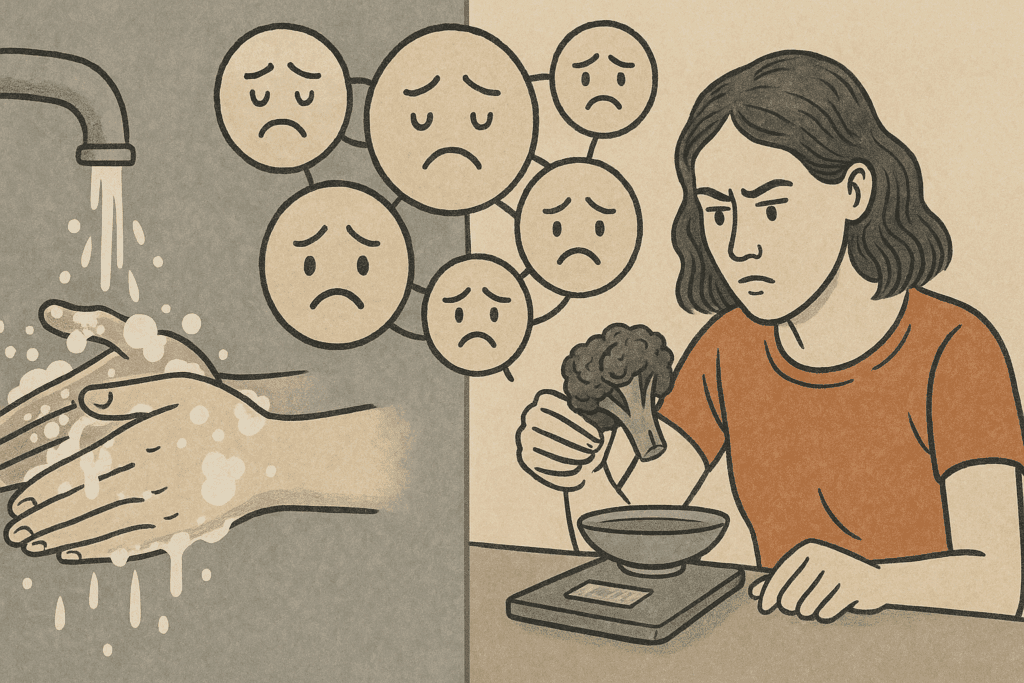 Understanding OCD and Eating Disorders: How Food OCD and Obsessive Thoughts Can Impact Nutrition and Mental Wellness 1 Split-screen illustration showing Food OCD: one side with hands being obsessively washed, the other with a woman intensely weighing broccoli on a food scale