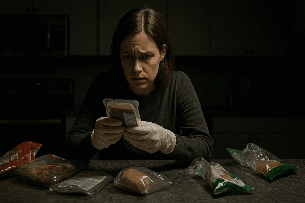 Understanding OCD and Eating Disorders: How Food OCD and Obsessive Thoughts Can Impact Nutrition and Mental Wellness 2 Anxious woman in gloves intensely inspecting packaged food under a spotlight, illustrating the compulsive behaviors of Food OCD.
