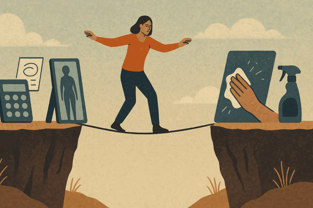 Understanding OCD and Eating Disorders: How Food OCD and Obsessive Thoughts Can Impact Nutrition and Mental Wellness 3 Woman balancing on a tightrope between symbolic extremes of Food OCD and cleaning compulsions, illustrating mental strain.