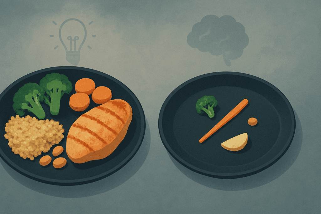 Understanding OCD and Eating Disorders: How Food OCD and Obsessive Thoughts Can Impact Nutrition and Mental Wellness 4 Visual comparison showing a healthy meal versus a sparse plate arranged with precision, symbolizing Food OCD and its nutritional impact.