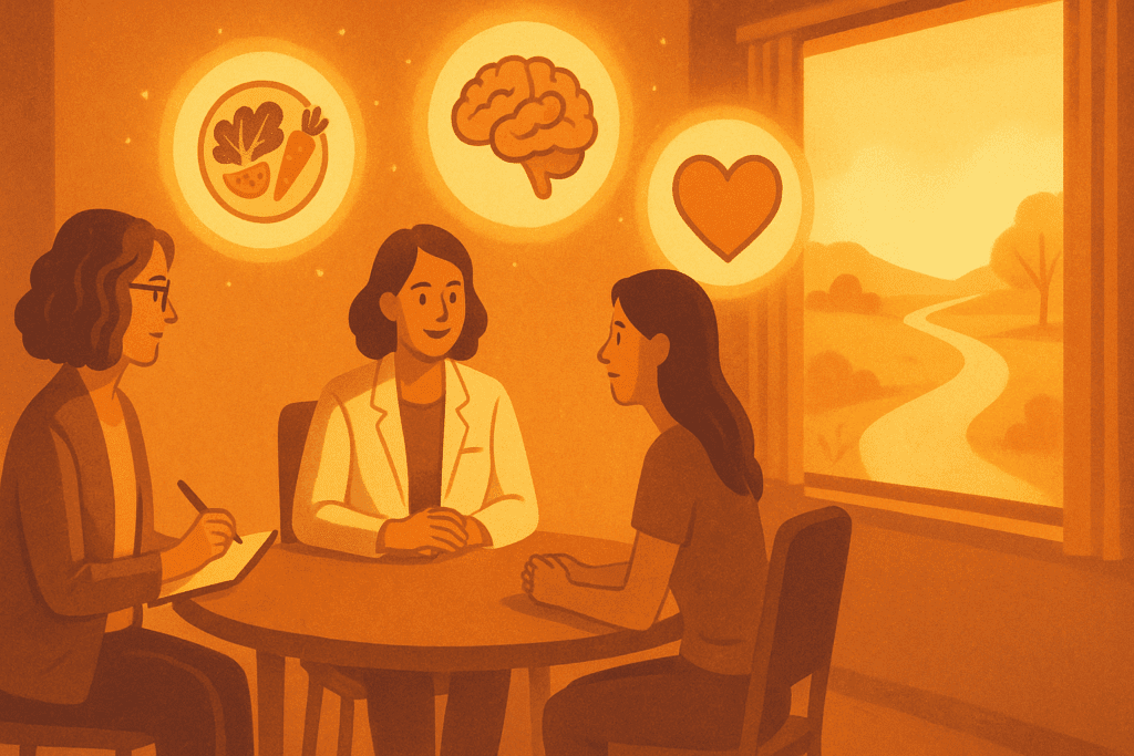 Understanding OCD and Eating Disorders: How Food OCD and Obsessive Thoughts Can Impact Nutrition and Mental Wellness 6 Therapy session for Food OCD showing a patient, therapist, and dietitian discussing recovery at a warm-lit round table with health symbols overhead