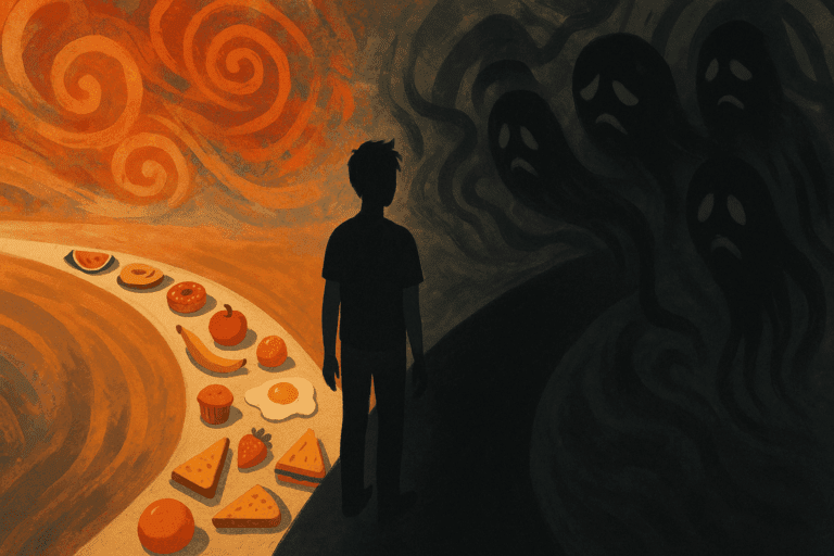 Person facing two diverging paths symbolizing Food OCD—one lined with ritualistic food items, the other shadowed by anxious, obsessive thoughts.