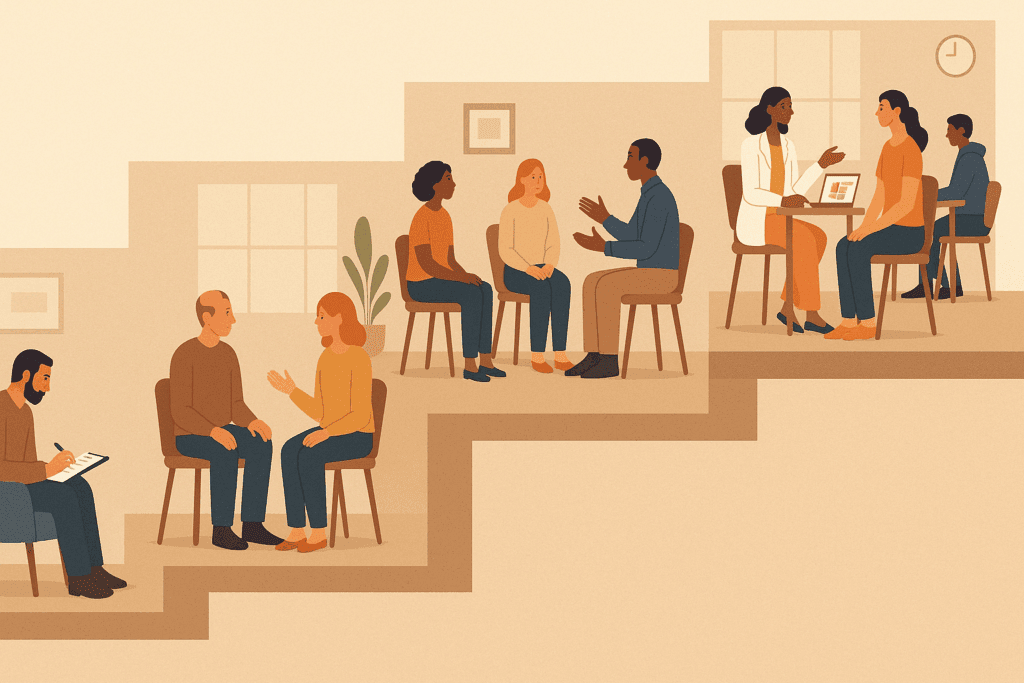 Understanding Outpatient Eating Disorder Treatment for Adults: A Mindful Approach to Nutrition and Lasting Recovery 1 Tiered illustration of diverse adults receiving Outpatient Eating Disorder Treatment for Adults in therapy sessions, support groups, and nutrition consults