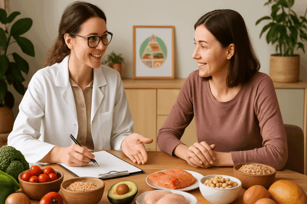 Understanding Outpatient Eating Disorder Treatment for Adults: A Mindful Approach to Nutrition and Lasting Recovery 2 Registered dietitian counseling an adult client with whole foods on table during Outpatient Eating Disorder Treatment for Adults