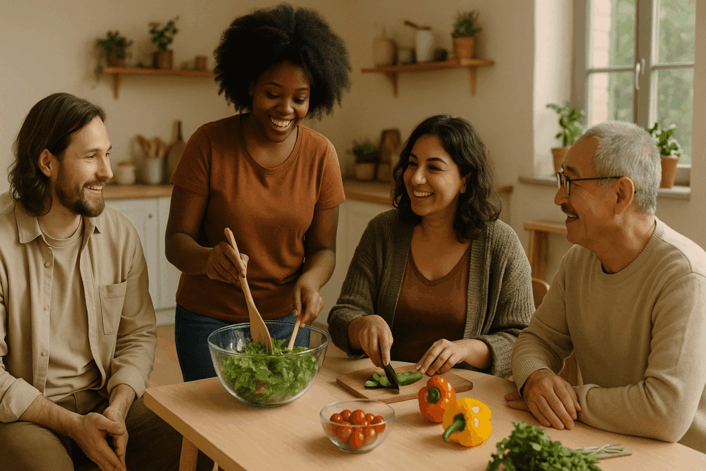 Understanding Outpatient Eating Disorder Treatment for Adults: A Mindful Approach to Nutrition and Lasting Recovery 5 Diverse group of adults preparing a healthy meal together in a supportive, homey setting, symbolizing Outpatient Eating Disorder Treatment for Adults